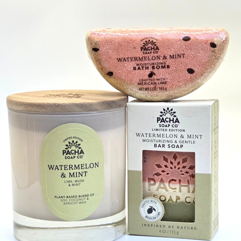 Pacha Soap Co Watermelon & Mint 3 Piece Bath Body Candle Gift Set